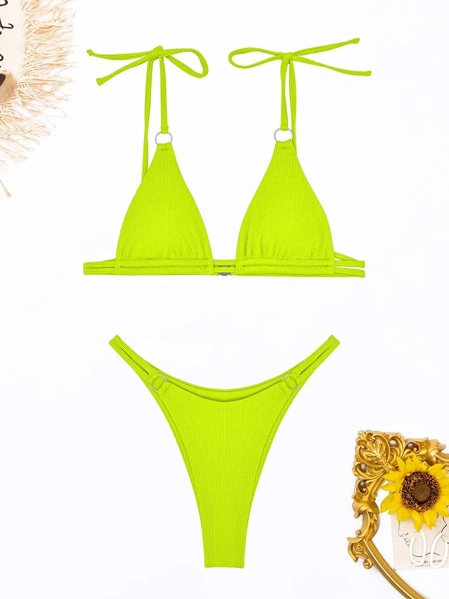 Ring Link Bikini 2025 Solid Sexy Swimsuit Women Padded Swimwear Female Bathers Bathing Swimming Swim Suit Beachwear