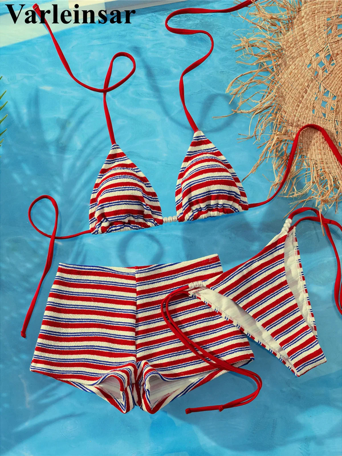 S - XL With Shorts Striped Halter Bikini Women Swimwear Female Swimsuit Three-pieces Bikini set Bather Bathing Suit Swim V8130