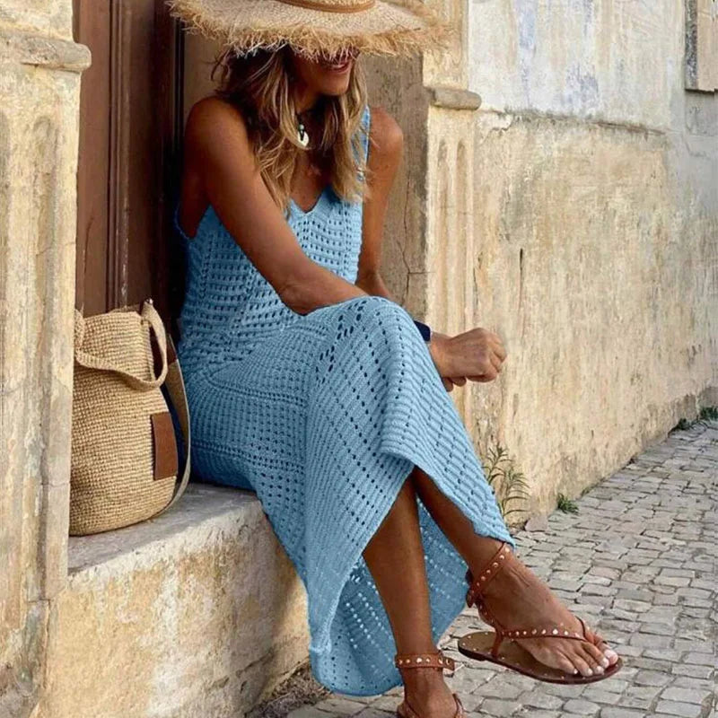 S - XL 2025 V Neck Hollow Out Crochet Knitted Tunic Beach Cover Up Long Cover-ups Beach Dress Beach Wear Beachwear Female Women