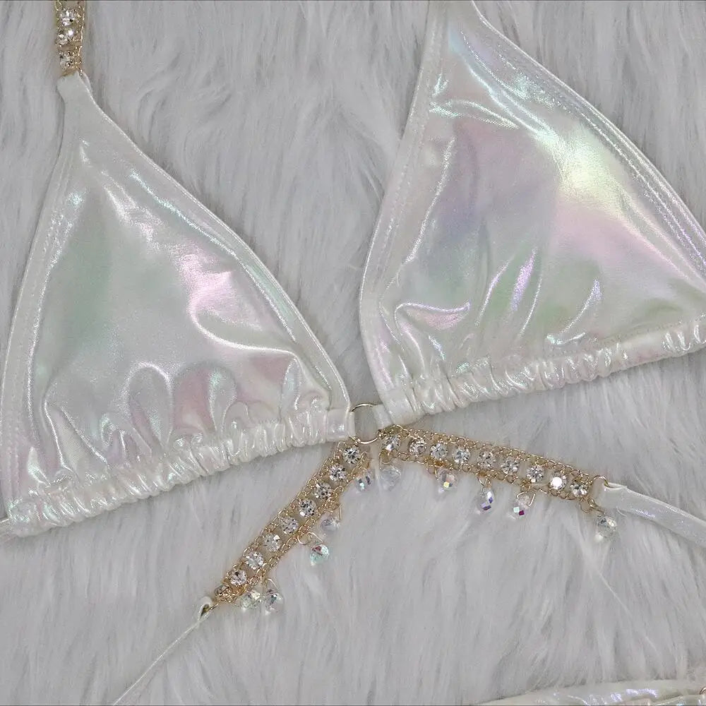 DEKA Shiny Diamond Chain Bikinis Set Mujer Two Pieces Crystal diamond Swimsuit Women Thong Swimwear Sexy Halter Swimsuit