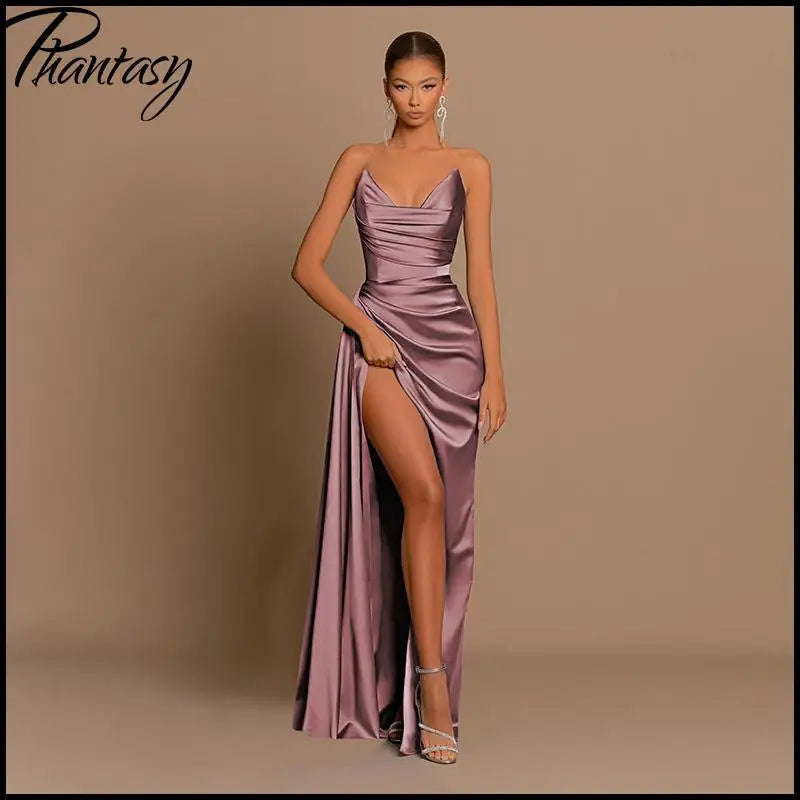 Elegant Strapless Solid Evening Gown Chic Satin Corset Dress for Women V-neck Split Blue Long Dress Lady Summer Party Dress up