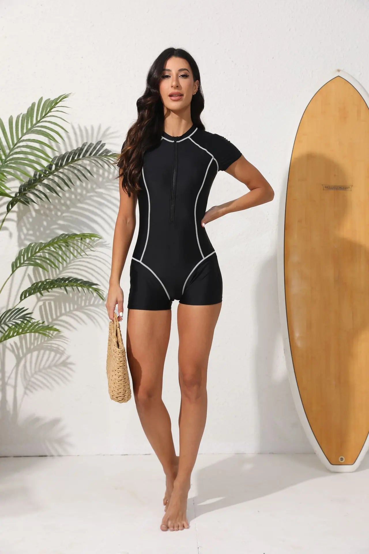 2025 Slim Rush Guard Surfing Swimsuit Women One Piece With Zipper Black Swimwear Female Bathers Bathing Swimming Swim Suit