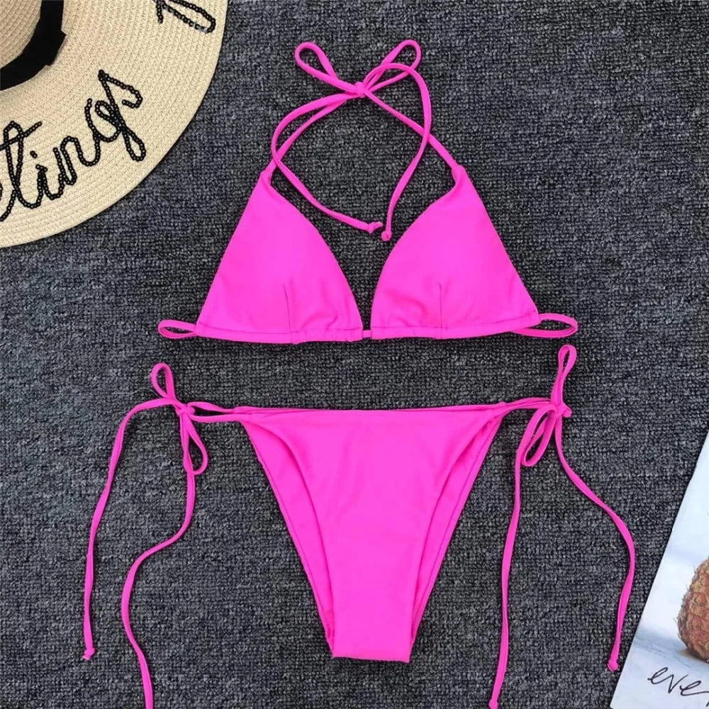 New Sexy Neon Pink Brazilian Bikini Women Swimwear Halter Swimsuit Female Two-Pieces Bikini Set Bather Bathing Suit Swim V1312