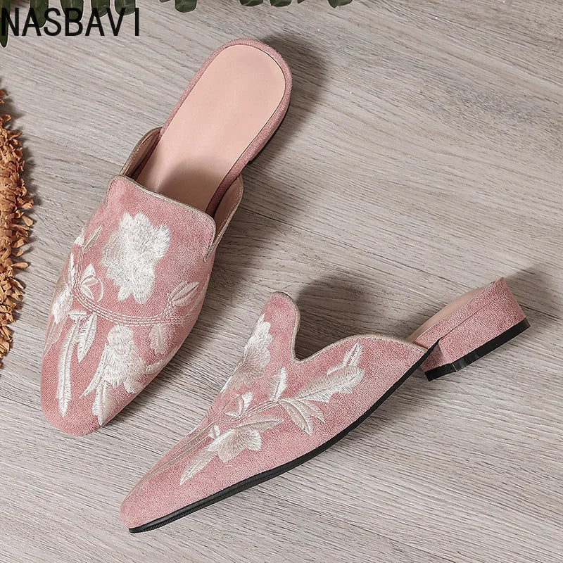 NASBAVI Fashion 3d Embroidery Mules Women Fur Slippers Velvet Shoes Ladies Low Heel Flower Decoration Sandals Women's Flip Flops