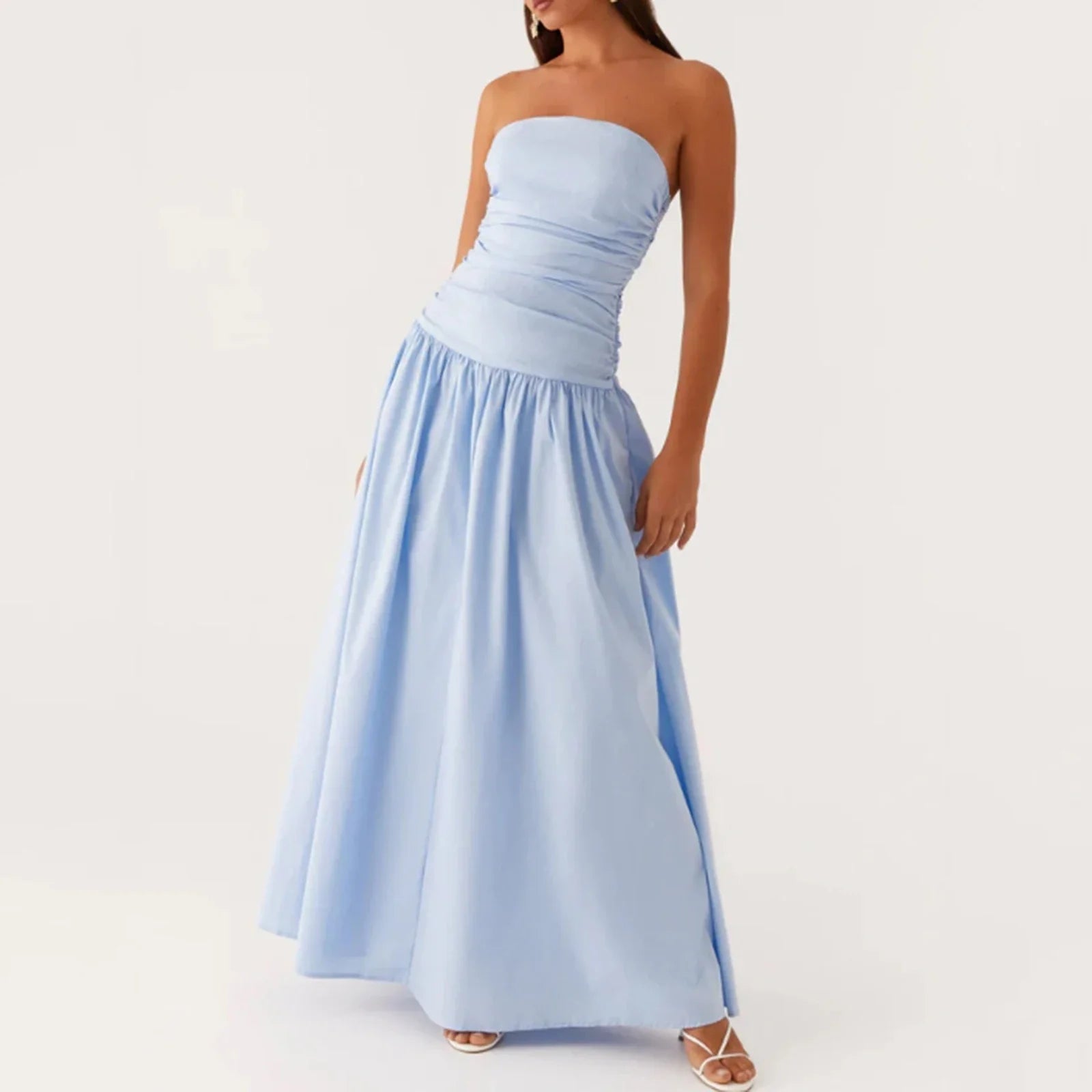 Elegant Strapless Maxi Tube Dress Women Ruched Long Sundress Boat Neck Sleeveless Strapless Flowy Dresses Party Clubwear