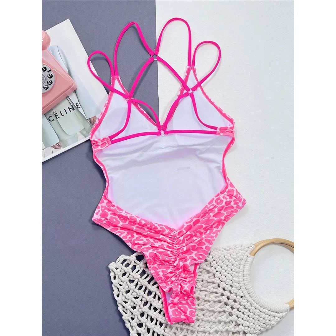 S - XL Sexy Leopard Printed V Neck Women Swimwear One Piece Swimsuit Female Backless High Leg Cut Bather Bathing Suit Swim V4808