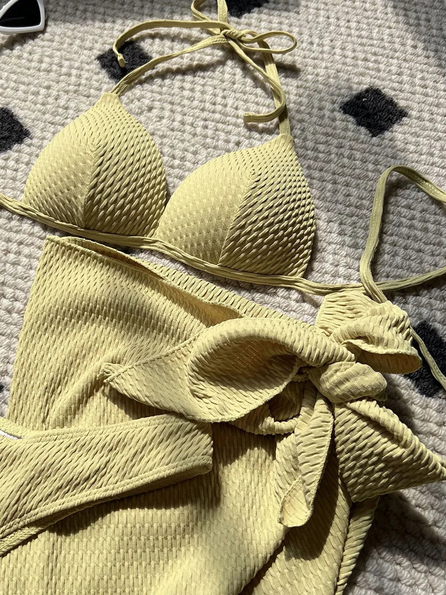 With Beach Sarong Bra Cup Wrinkled Bikini Female Swimsuit Women Swimwear Three-pieces Bikini Set Push Up Bathing Suit Swim Lady