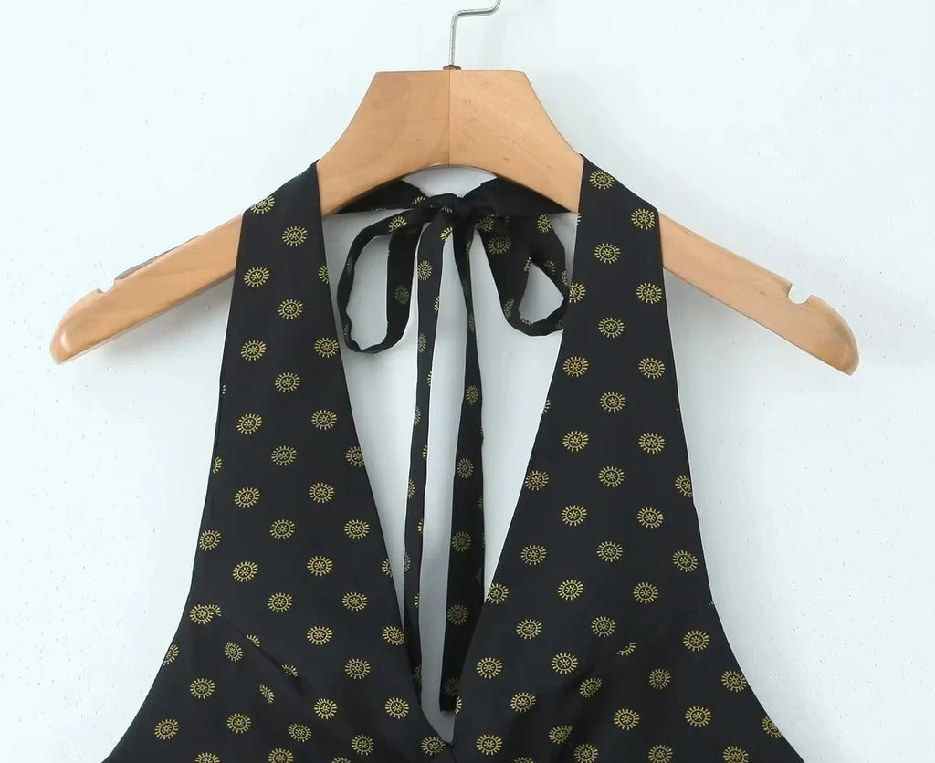 V Neck French Style Summer Women Dress Printed Boho Short Black Beach Dress Party Vintage Backless Tie Up Sexy Halter Dress 2025