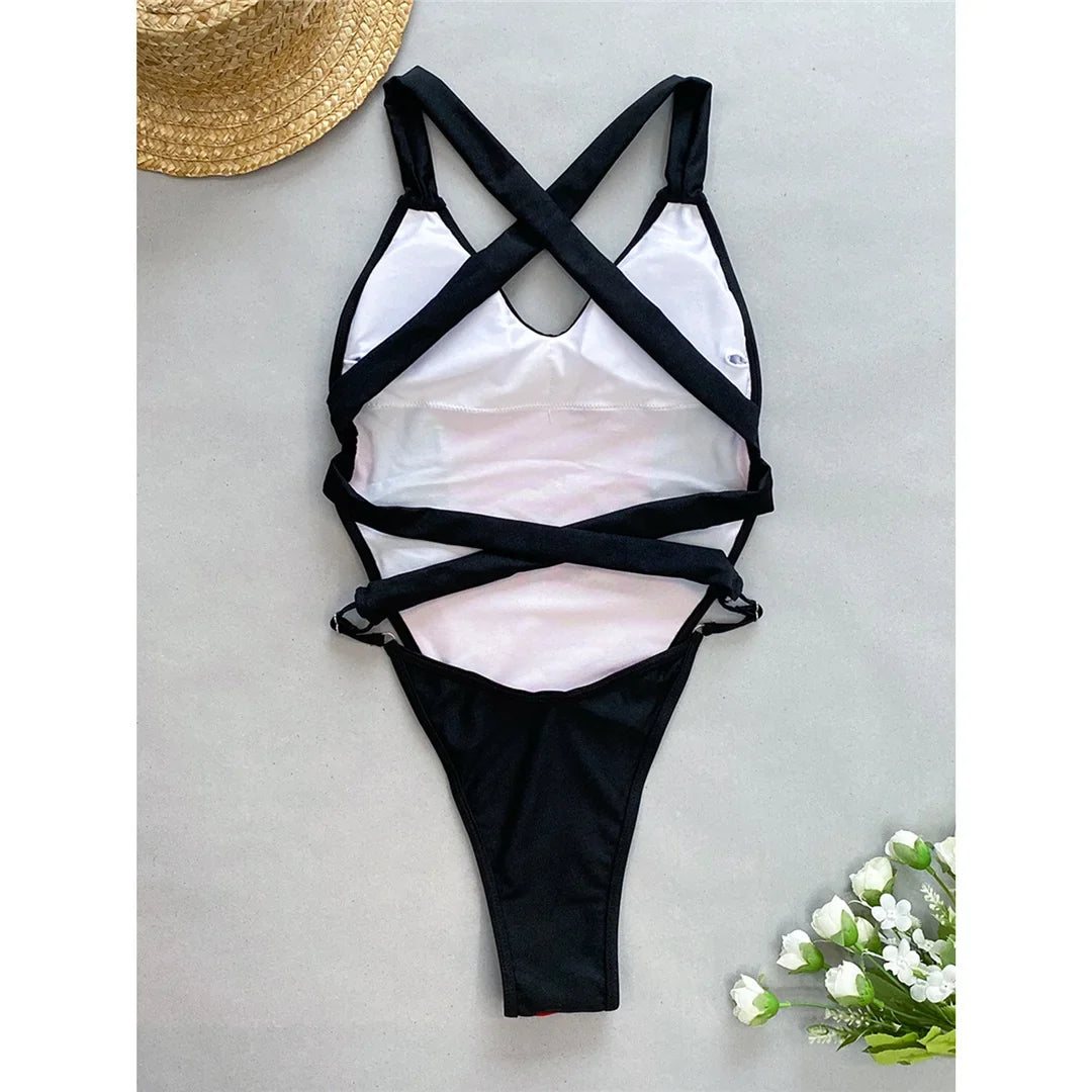 Sexy Splicing V Neck Cross Back Women Swimwear One Piece Swimsuit Female High Leg Cut Monokini Bather Bathing Suit Swim V5261