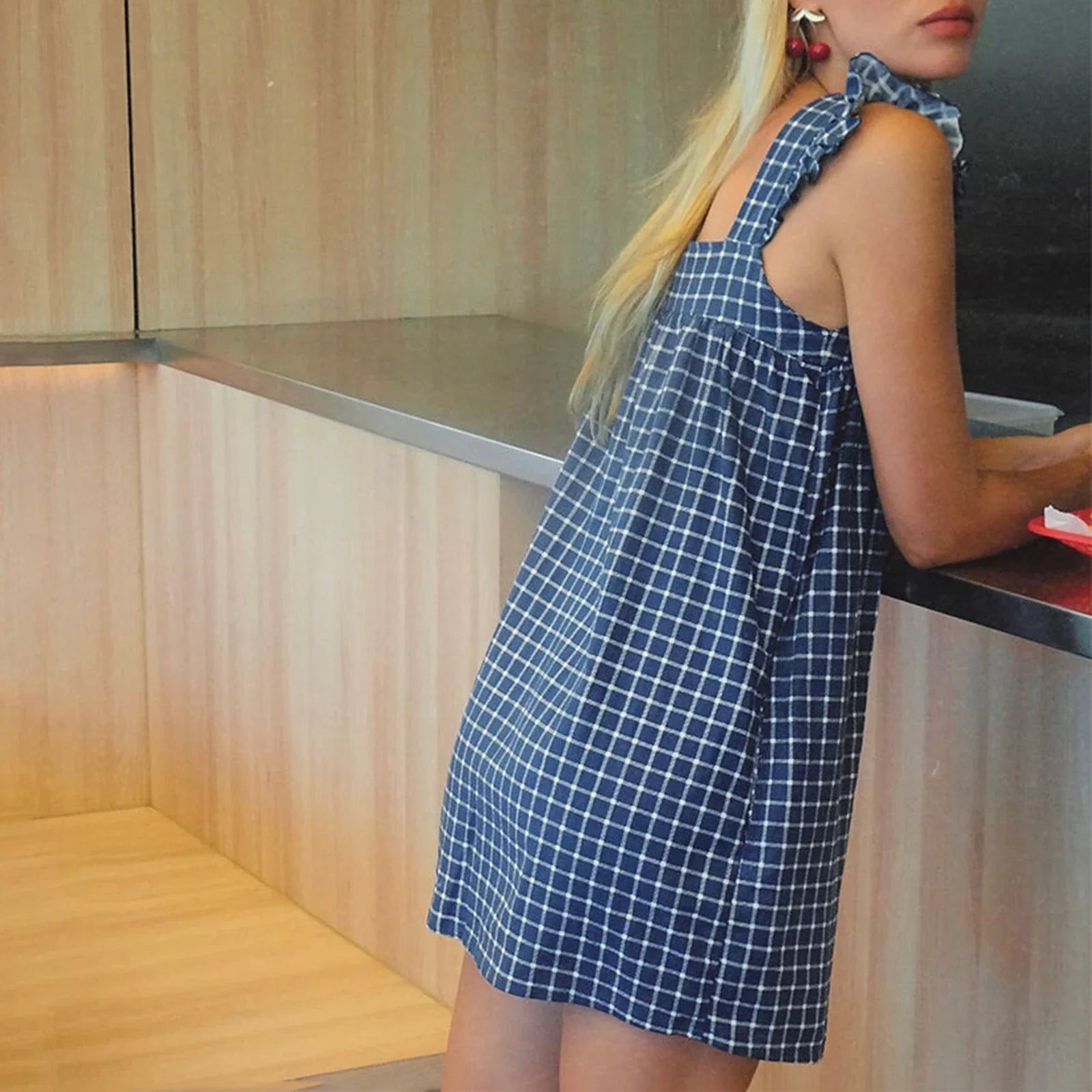 Summer Mini Plaid Print A line Dress for Women Sleeveless Ruffle Trim Square Neck Loose Fitting Cami Dress With Pocket