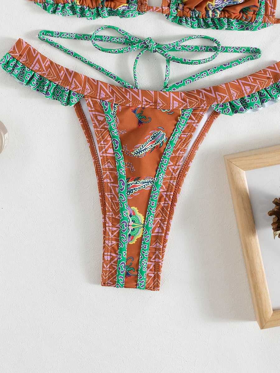 Floral Print Halter Ruffle Frilled Bikini Women Thong Swimwear Female Swimsuit Two-pieces Bikini Set Bathing Suit Swim Beachwear