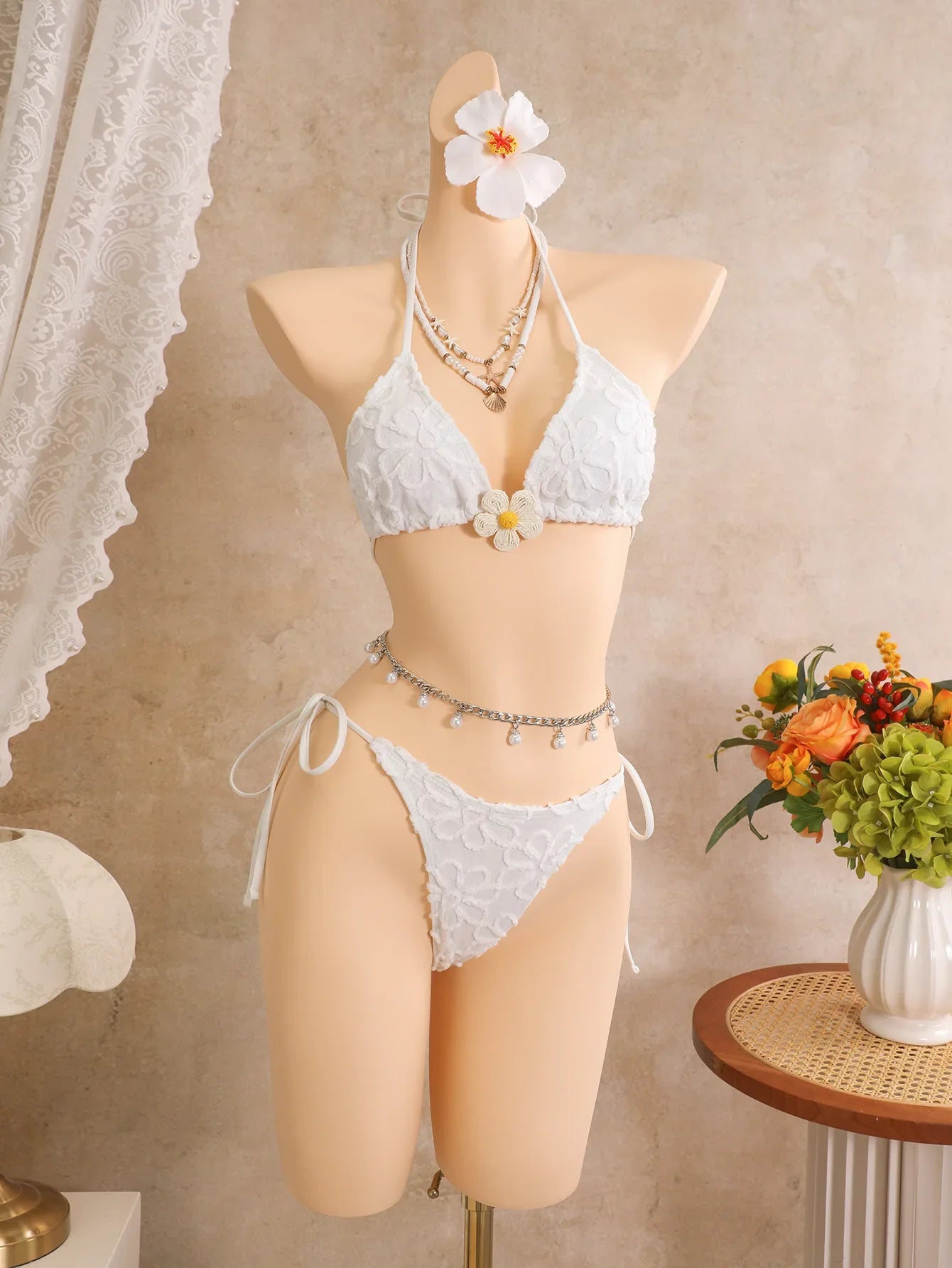 Vintage White Floral Embroidery Bikini Set 2026 Women 3D Flower Push Up Bra Pleate Skirt 3 Piece Swimsuit Bathing Suit Swimwear