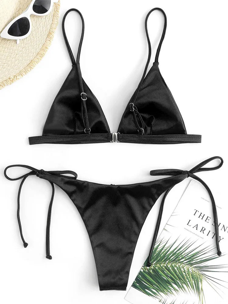 2025 Metallic Satin High Cut Brazilian Bikini Women Swimwear Female Swimsuit Two-pieces Bikini Set Bathing Suit Swim Beach Wear