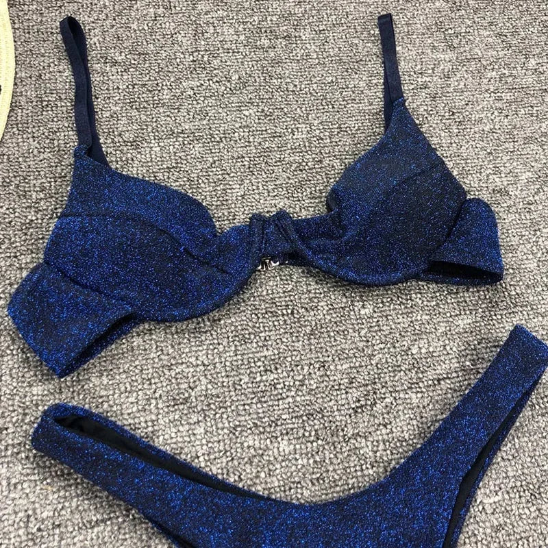 Glitter Sparkling Underwired V-Bar Bikini Women Swimsuit Female Swimwear Two-pieces Bikini Set Micro Thong Bathing Suit Swim