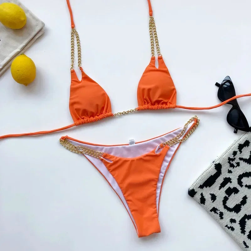 Sexy Cow Print Halter Metal Chains Brazilian Bikini Women Swimsuit Female Swimwear Two Pieces Bikini Set Bathing Suit Swim Lady