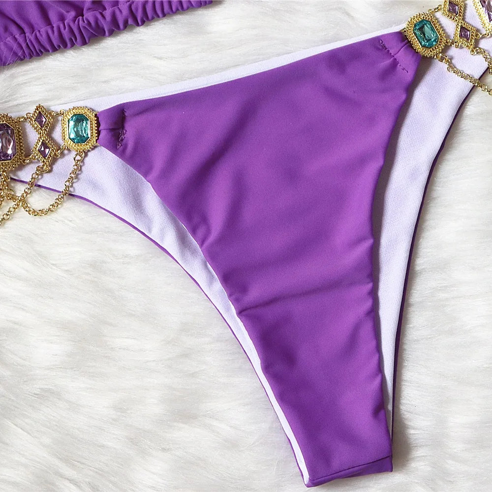 8 Colors Sexy Bikini Women Swimwear Swimsuit Shiny Crystal Diamond Chain Bathing Suit Beach Bikinis Set Female Push Up Biquinis