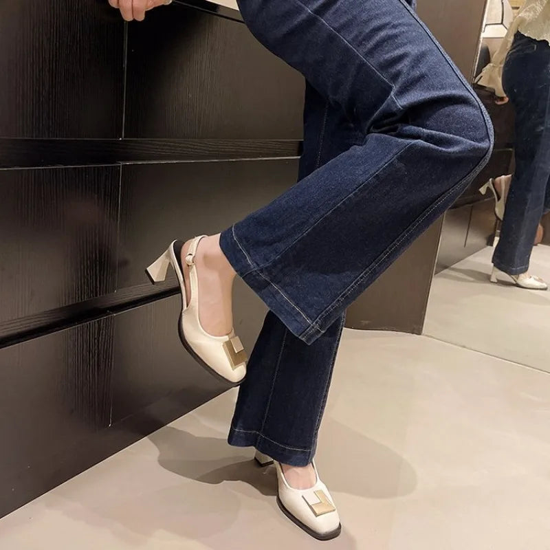 2026 Summer New Metal Square Buckle Baotou Thick Heel Sandals Women Korean Shallow Mouth Slip-On Back Strap Sandalias De Mujer
