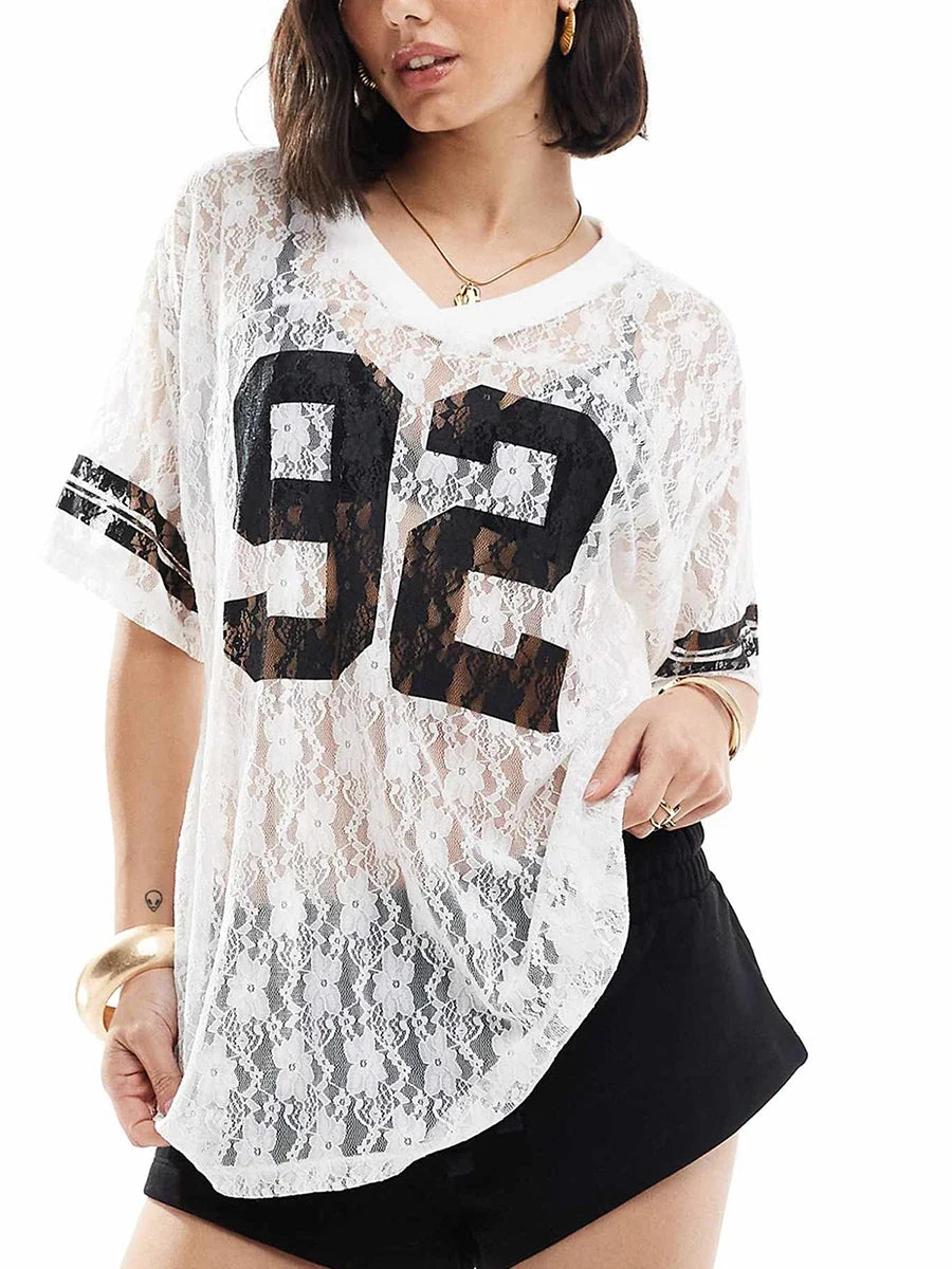 Women Summer Lace Football T-Shirt Casual Number Print See-Through V-Neck Short Sleeve Basic Tops for Streetwear