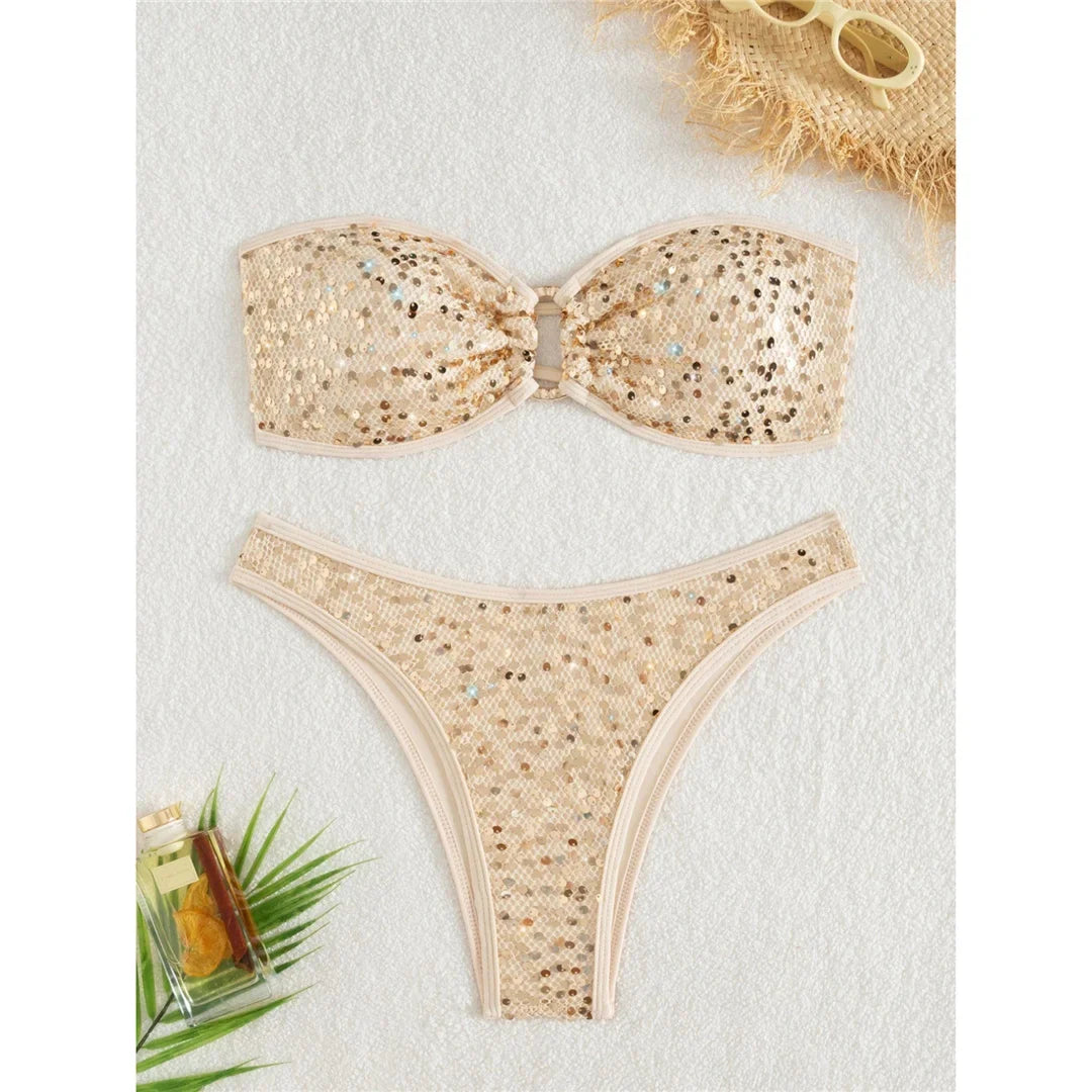Sequins Shiny Bling Bandeau Bikini Female Swimsuit Women Swimwear Two-pieces Bikini set Brazilian Bather Bathing Suit Swim K7311
