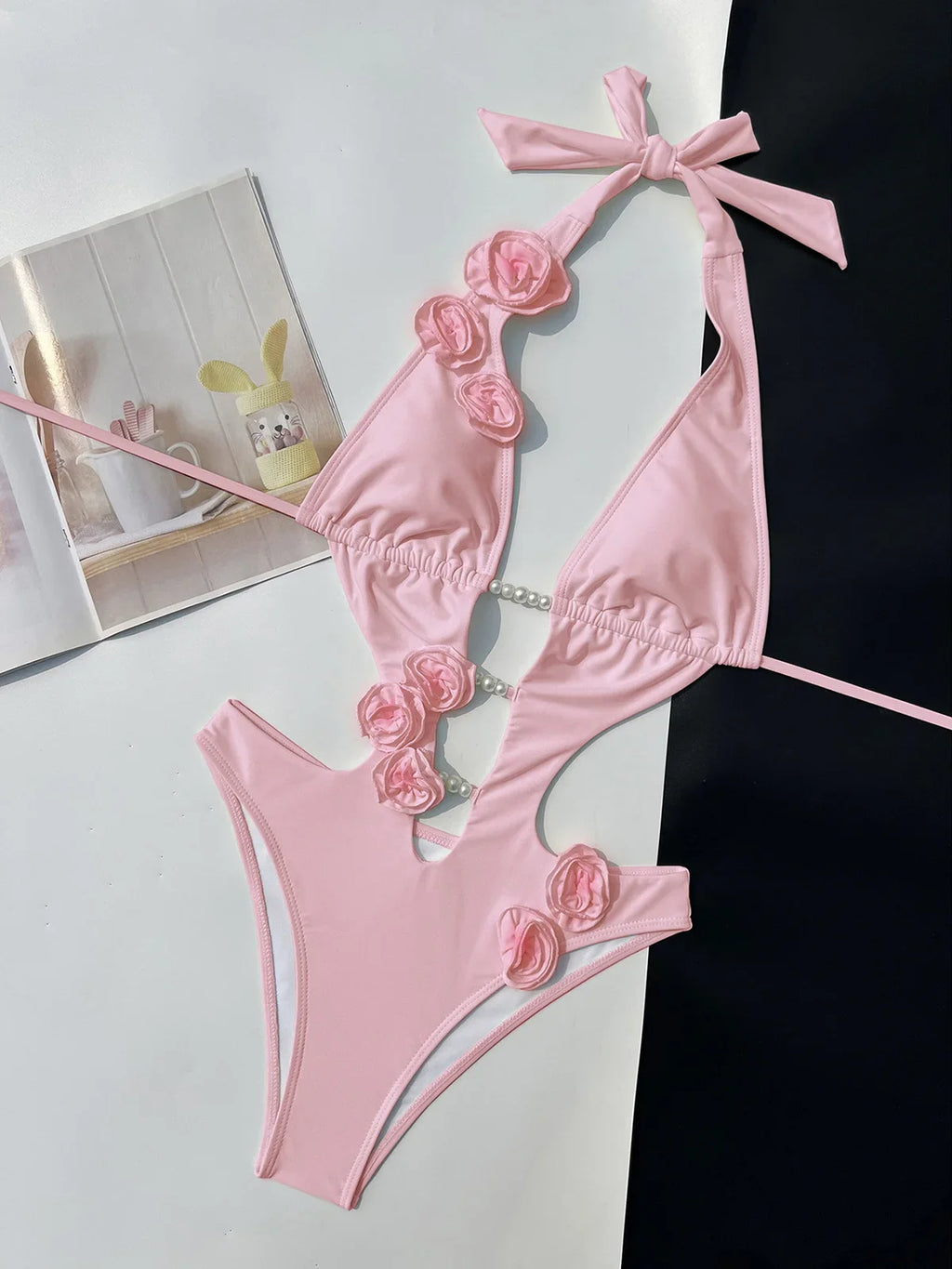 Sexy 3D Flowers Deep V Neck Halter Women Swimwear One Piece Swimsuit Female High Cut Leg Monokini Bather Bathing Suit Swim V6986