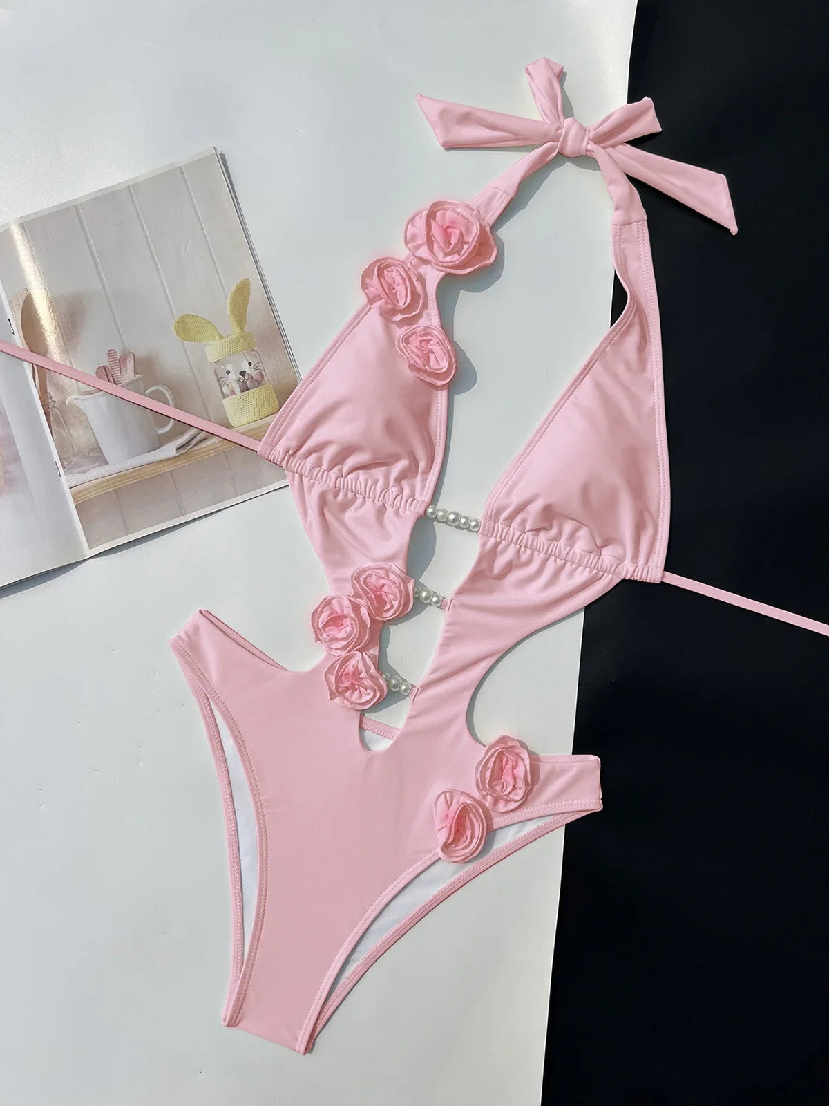 Sexy 3D Flowers Deep V Neck Halter Women Swimwear One Piece Swimsuit Female High Cut Leg Monokini Bather Bathing Suit Swim V6986