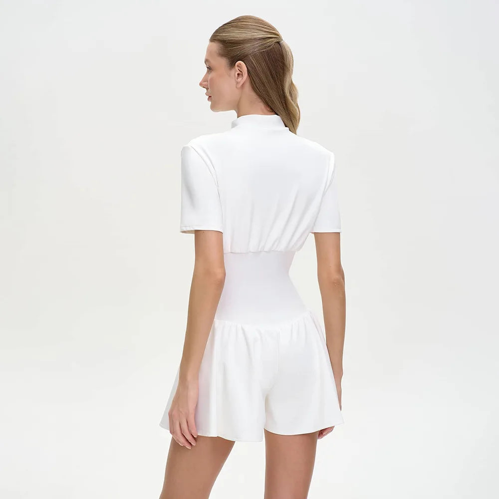 FDYOUI New 2026 Summer Zip-up Corset Playsuits Women Casual Short Sleeve Sports Fitness Overalls One Piece Tunics Yoga Bodysuit