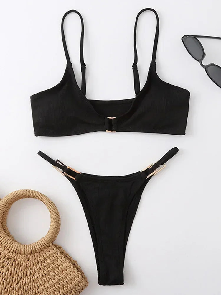 Sexy Ribbed Metal Rings High Cut Bikini Female Swimsuit Women Swimwear Two-pieces Bikini Set Micro Thong Bathing Suit Swim Lady