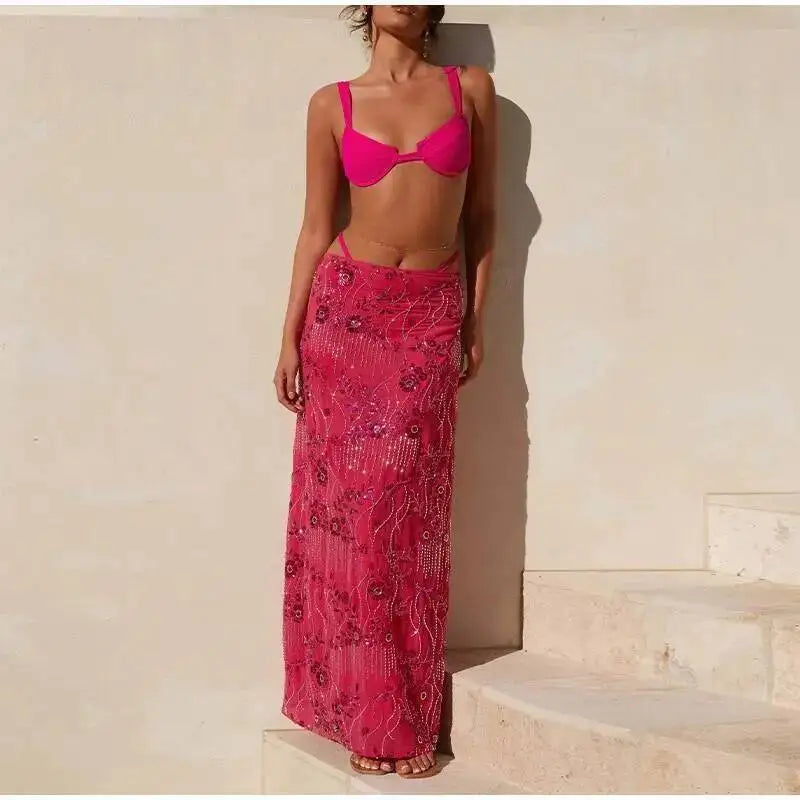 Sexy Beading Sequined Long Skirt Women Solid Low Waist Slim Straight Skirts Female Summer Lady Chic Beach Vacation Clothes JO6M