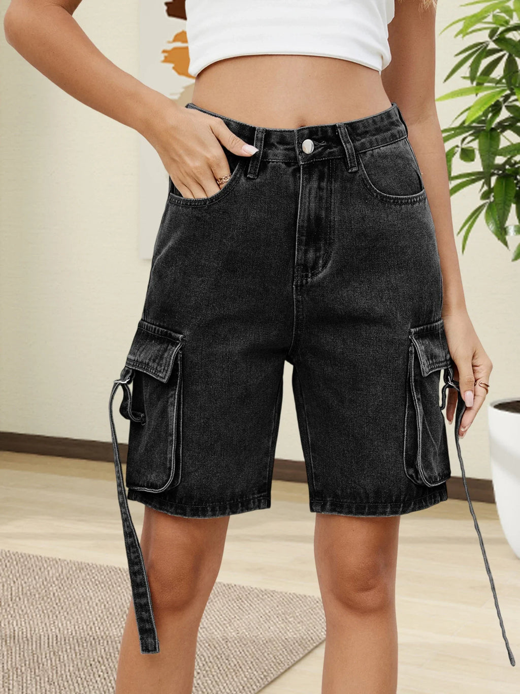 Women Cargo Denim Shorts Casual Summer Loose Solid Colors Jean Short Pants for Vacation Beach Club Streetwear