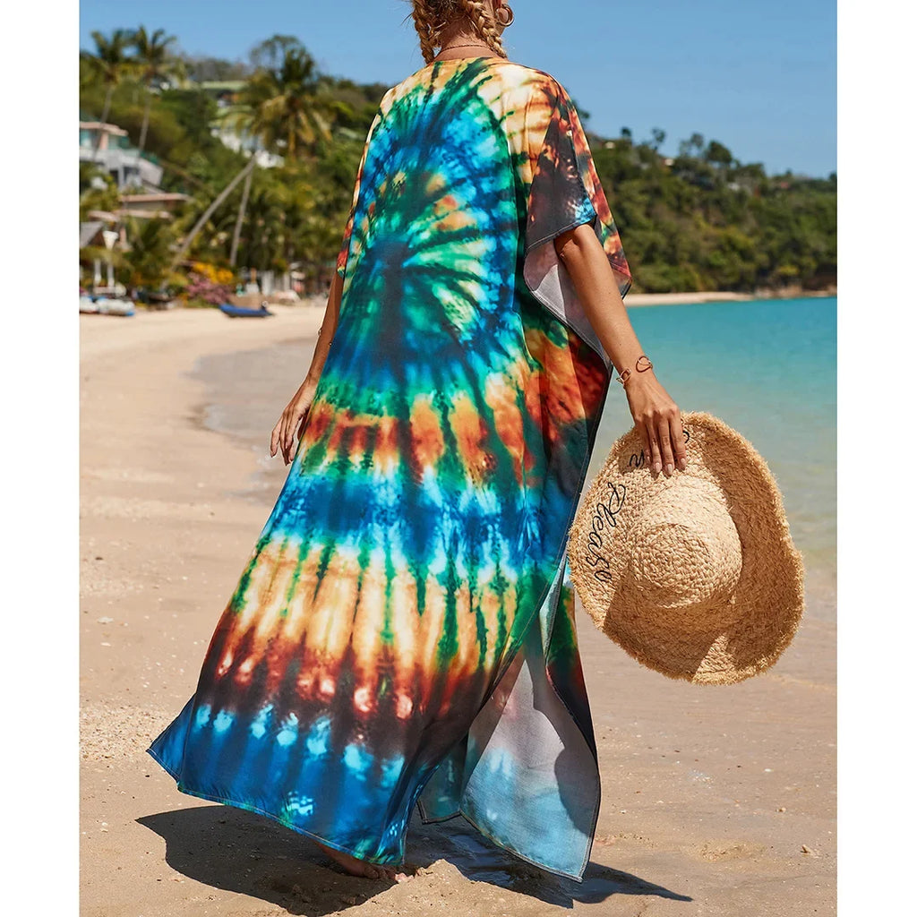 2026 New Colorful Kaftan Tunic Beach Dress Beach Wear Beachwear Beach Cover Up Cover-upsLoose Maxi Dress Female Women V4428
