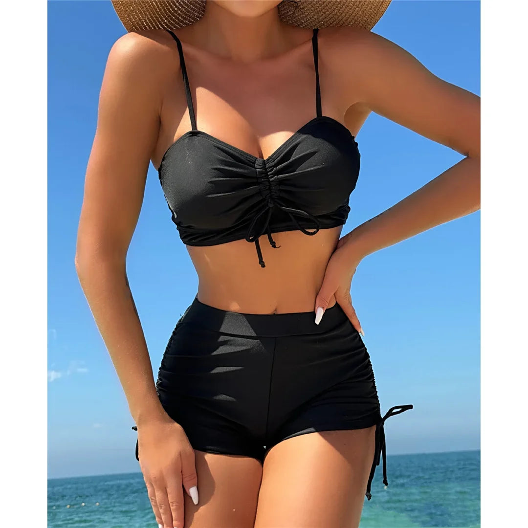 Wrinkled Knotted Shorts High Waist Bikini Female Swimsuit Women Swimwear Two-Pieces Bikini Set Bather Bathing Suit Swim V6197
