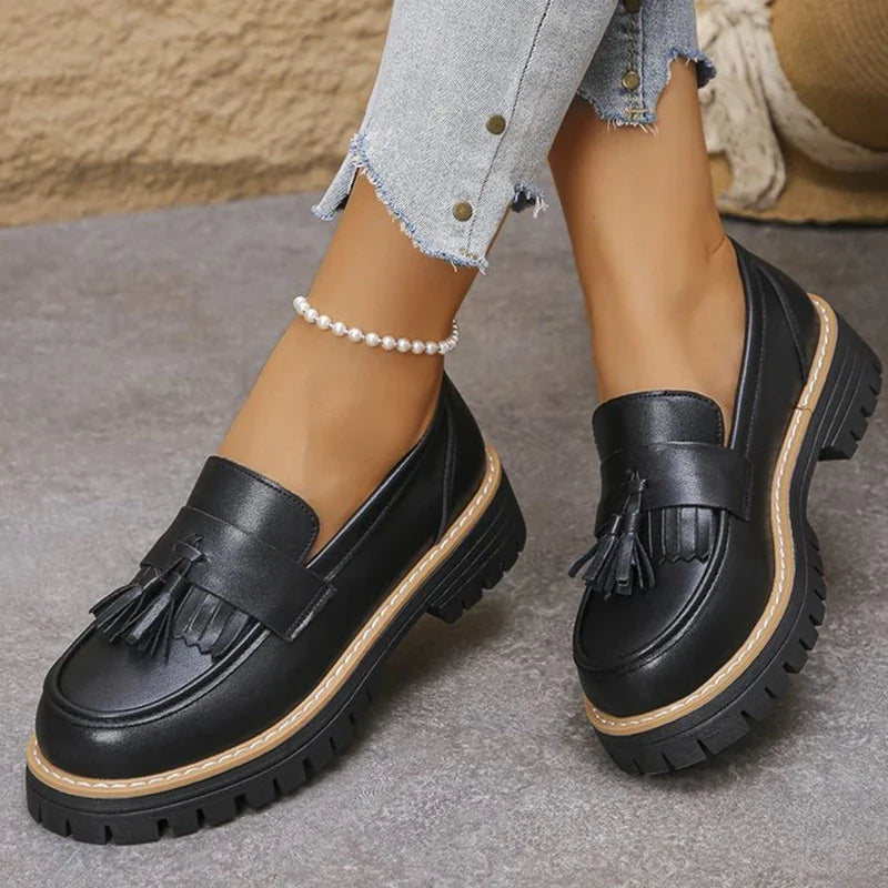 Casual Tassel Solid Loafers Shoes for Women Spring Autumn 2025 Round Toe Women's Loafers Square Heel Shoes Woman