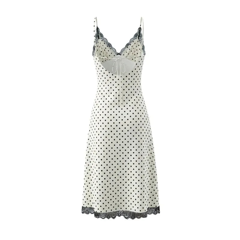 Style Lace Trim Spliced Camisole Dress For Women Polka Dot Print Vacation Beach Long Dress Backless Deep V Sleeveless Dress 82UF
