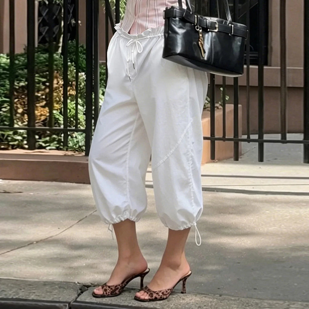 Summer women's elastic waist casual workwear low-rise mid-pants comfortable woven pants