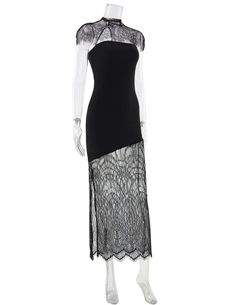 Ahagaga Fashion Women's Maxi Dresses Lace Patchwork Sexy Sheer Split Bodycon Slim Fit Turtleneck Sheath Female Party Vestidos