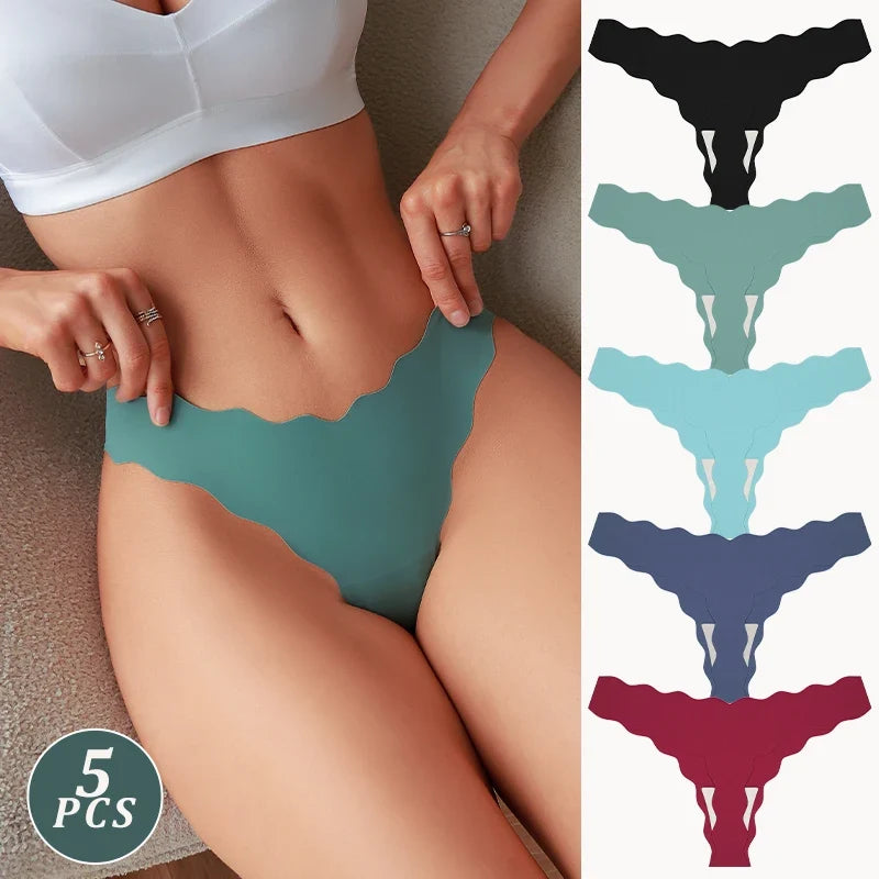 5Pcs Seamless Full-Body Fan-Shaped Wave Decorative Briefs Sexy Thongs Comfortable Breathable Stretch Underwear Women's Lingerie