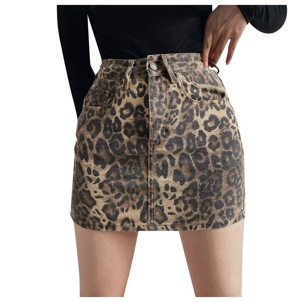 Womens Leopard Print Denim Mini Skirt High Waist Bodycon Pencil Skirts Sexy Slim Fit Hip Wrapped Night Club Skirts Streetwear