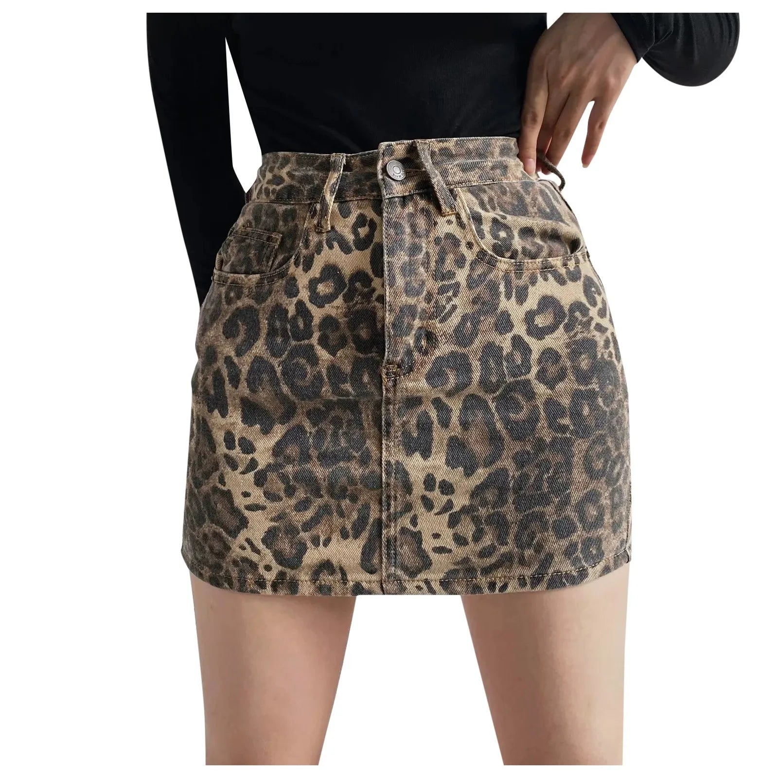 Womens Leopard Print Denim Mini Skirt High Waist Bodycon Pencil Skirts Sexy Slim Fit Hip Wrapped Night Club Skirts Streetwear