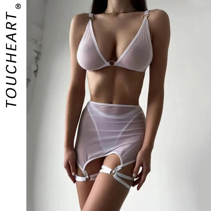 Toucheart Sexy Lingerie for Women Solid Color Mesh See-through Women's Plunge Underwear Suit Sexy Garters Lingerie 4-piece Set