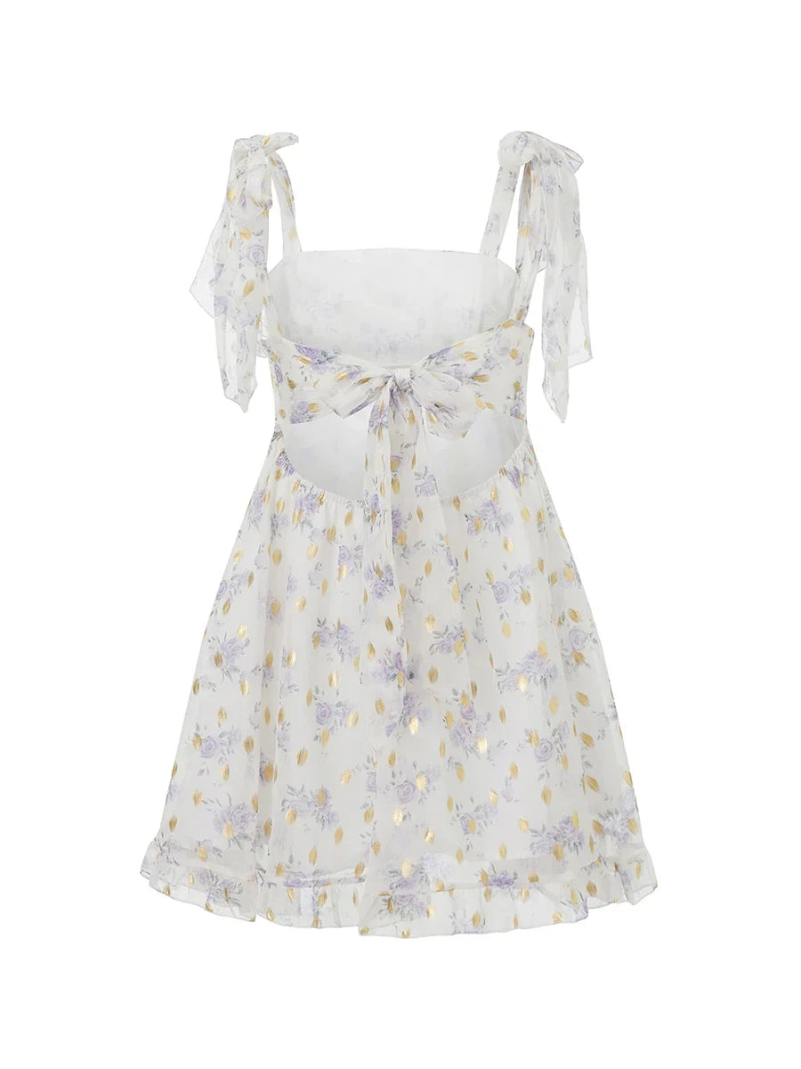 Women Sleeveless Mini Dress Summer Tie-up Straps Floral Print Backless A-Line Dress for Party Beach Streetwear
