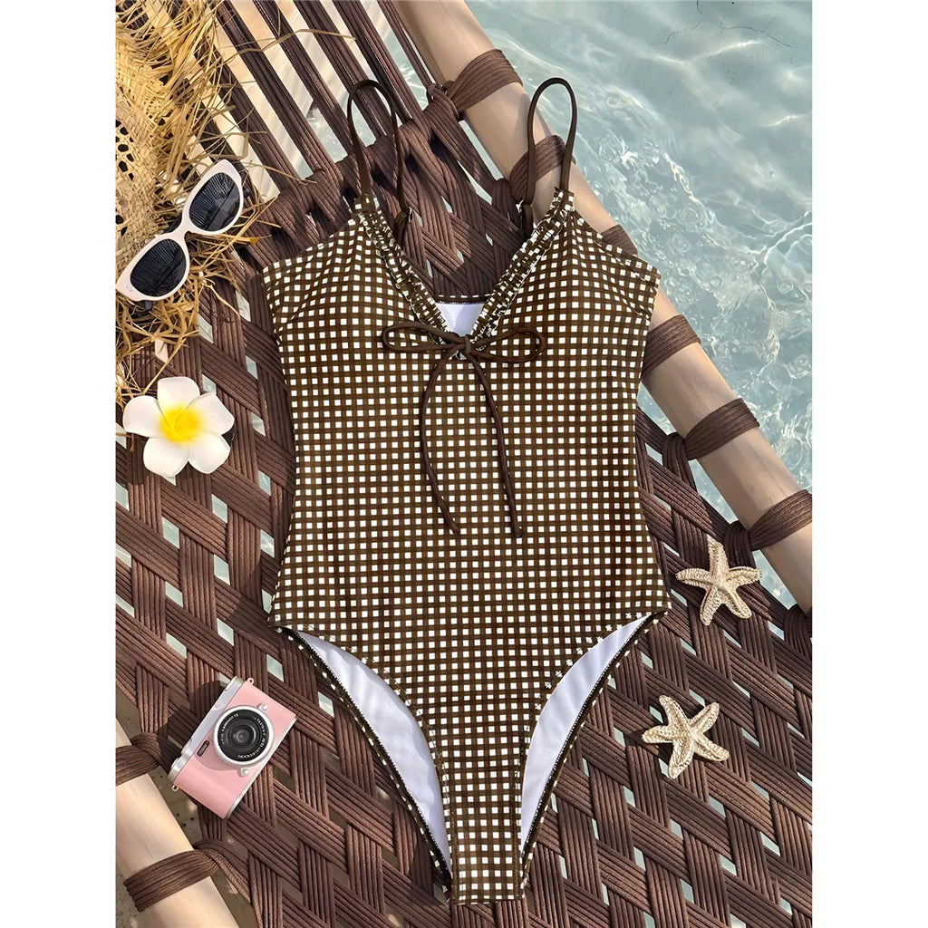 S - XL Striped Plaid V Neck Women Swimwear One Piece Swimsuit Female Frilled High Leg Cut Padded Bather Bathing Suit Swim V8288