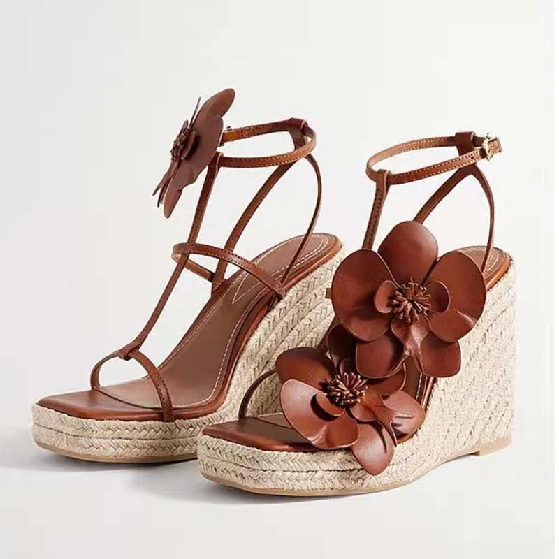Flower Square Toe High-Heeled Shoes for Women, Slope Heels, Summer Gold One-Piece Sandals High-End Grass Woven Sandals for Women