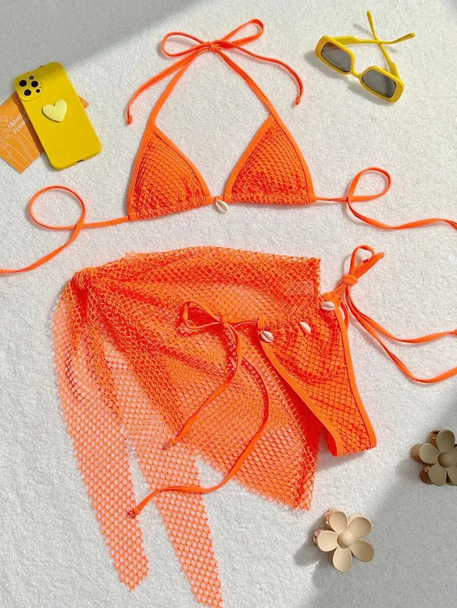 Women mesh micro mini string bikini sets 3pcs with cover skirt shell pendant swimsuit bathing suit beach outfits biquini tankini