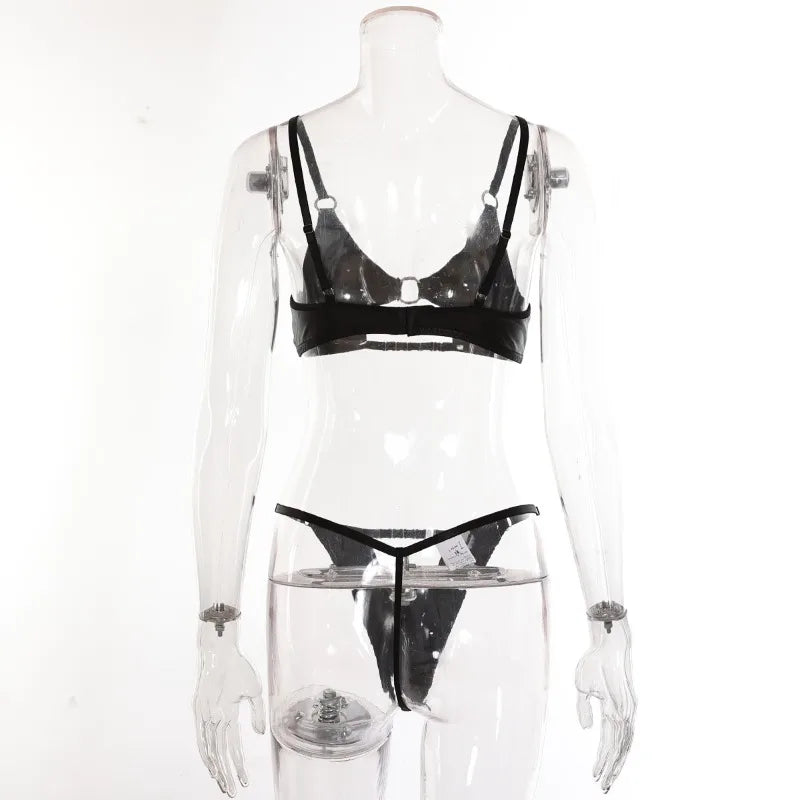 Toucheart Sexy Hollow Out Halter Chain Lingeries Bra Set Exotic Glossy Pu Leather Set Underwear For Women Bra Set Sexy Lingerie