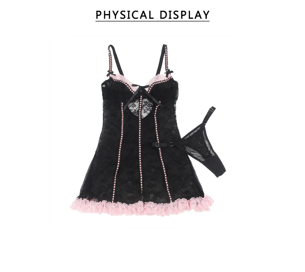Black Sexy Lace Ruffled Suspender Babydoll Nightdress for Women Push Up Chemise Sleepwear Lingerie