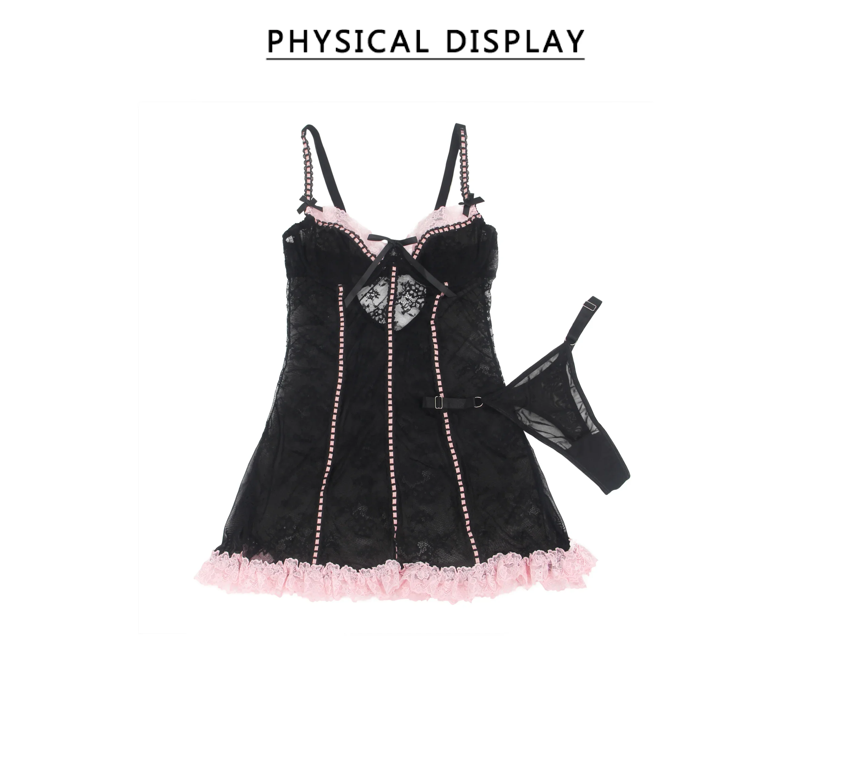 Black Sexy Lace Ruffled Suspender Babydoll Nightdress for Women Push Up Chemise Sleepwear Lingerie