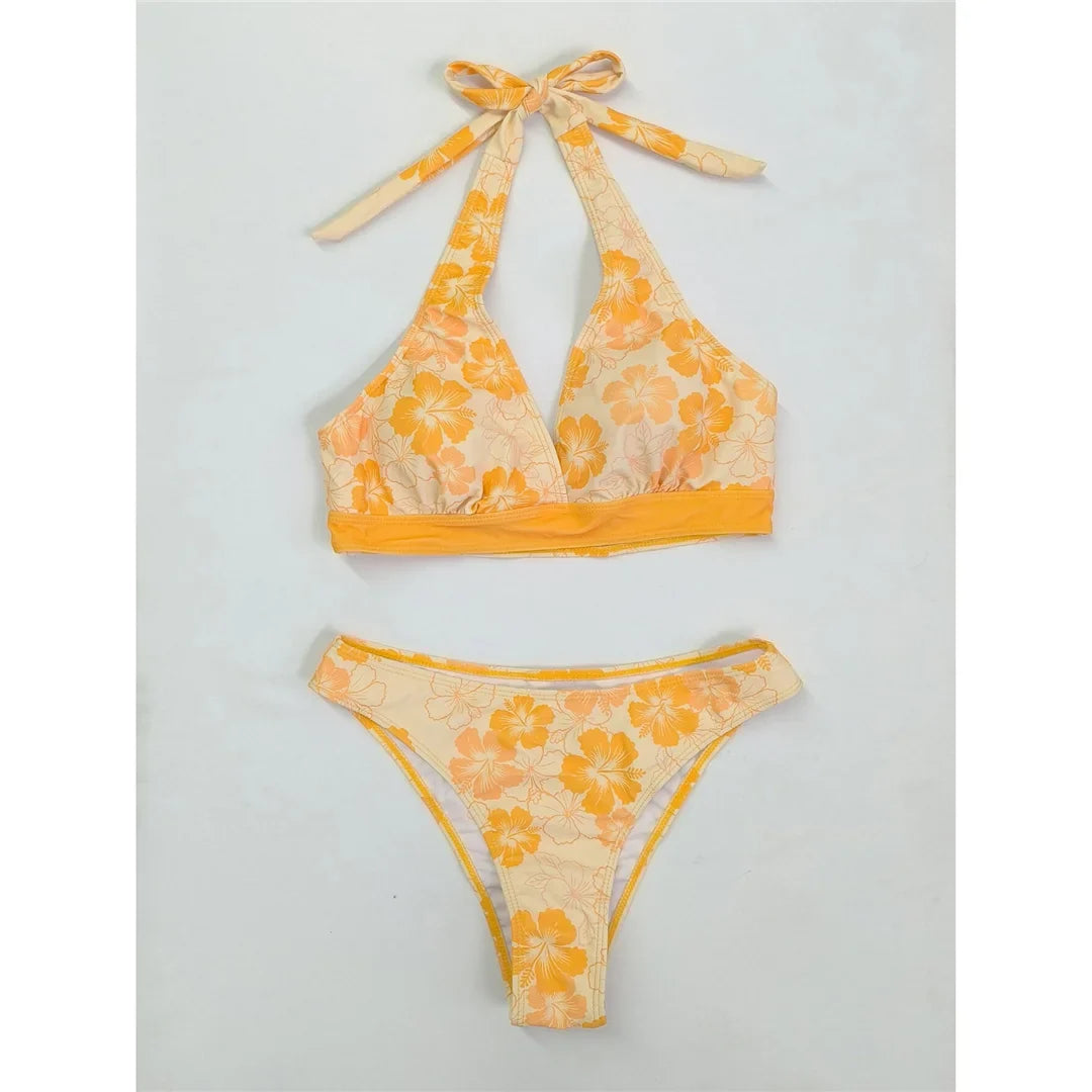 S - XL With Skirt Printed Halter Bikini Female Swimsuit Women Swimwear Three-Pieces Bikini Set Bather Bathing Suit Swim V8230