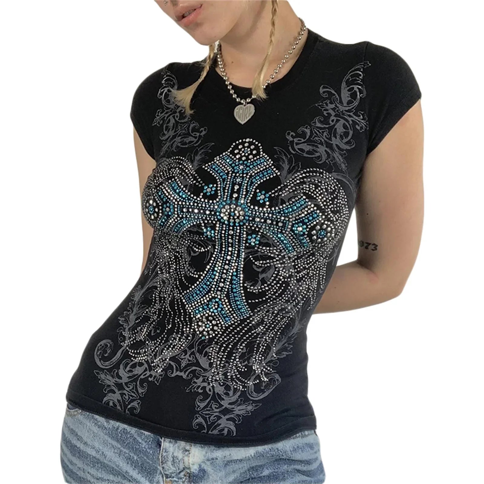 Women Summer T-shirt Rhinestone Retro Print Short Sleeve Round Neck Slim Fit Tee Tops Gothic Punk Shirts