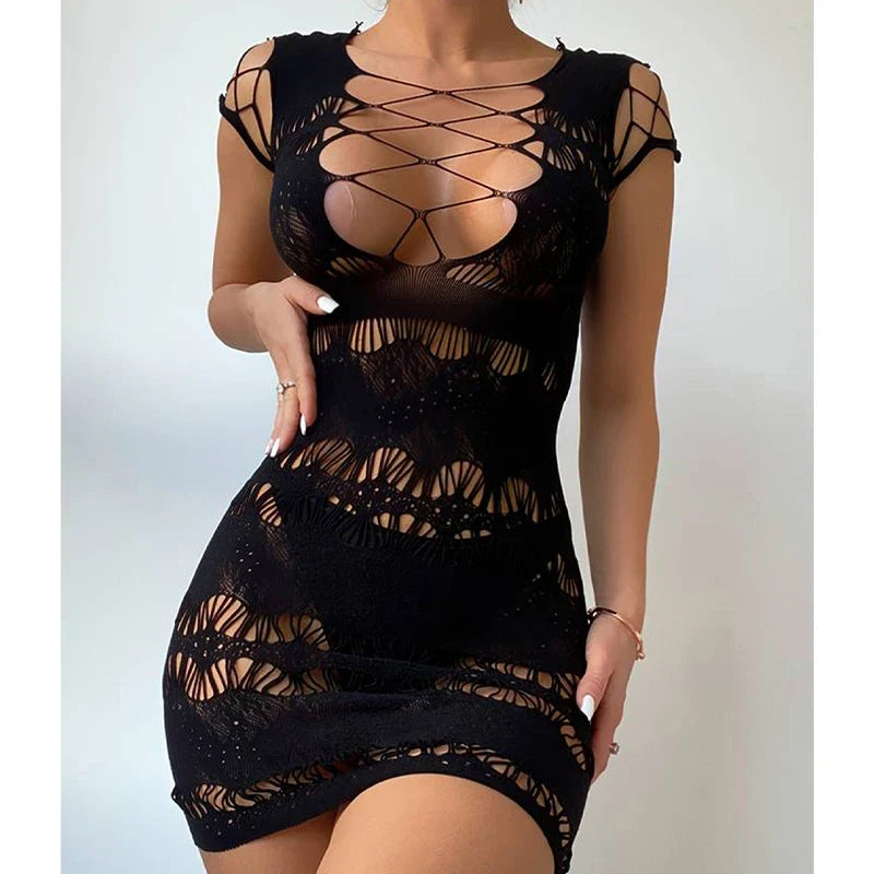 Women Sexy Fishnet  Cover Up, Sheer Bodycon Sleepwear See Through Beachwear Without Bikini