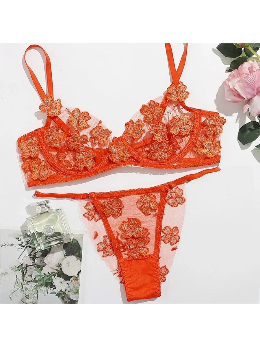 Toucheart Sexy Lingerie Set Transparent Feminine Sweet Mesh Embroidered Lace Bra Flower Applique Transparent Lingerie Women Kit